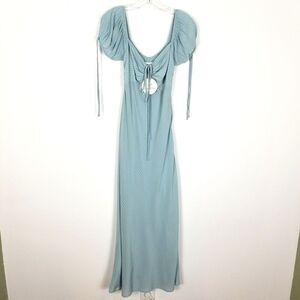 Lost + Wander Women Light Blue Striped  Midi Dress Puff Tie Sleeve Size S Summer